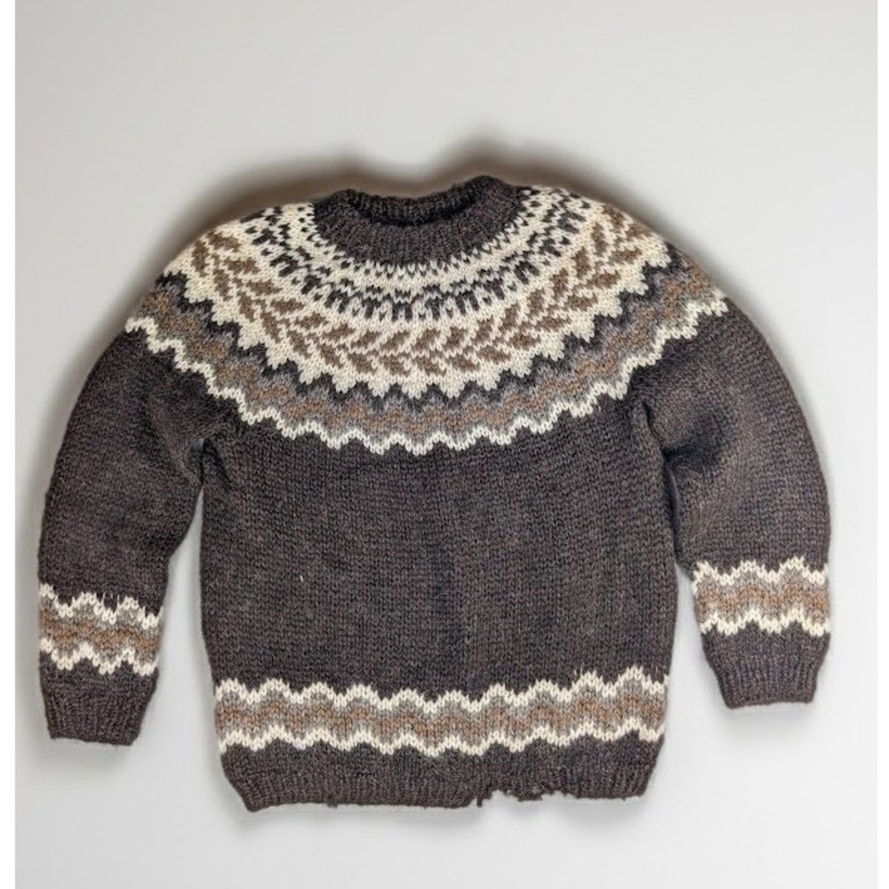 Vintage Hilda Ltd Icelandic Wool Sweater Fair Isle Yoke Brown M Made in Iceland
